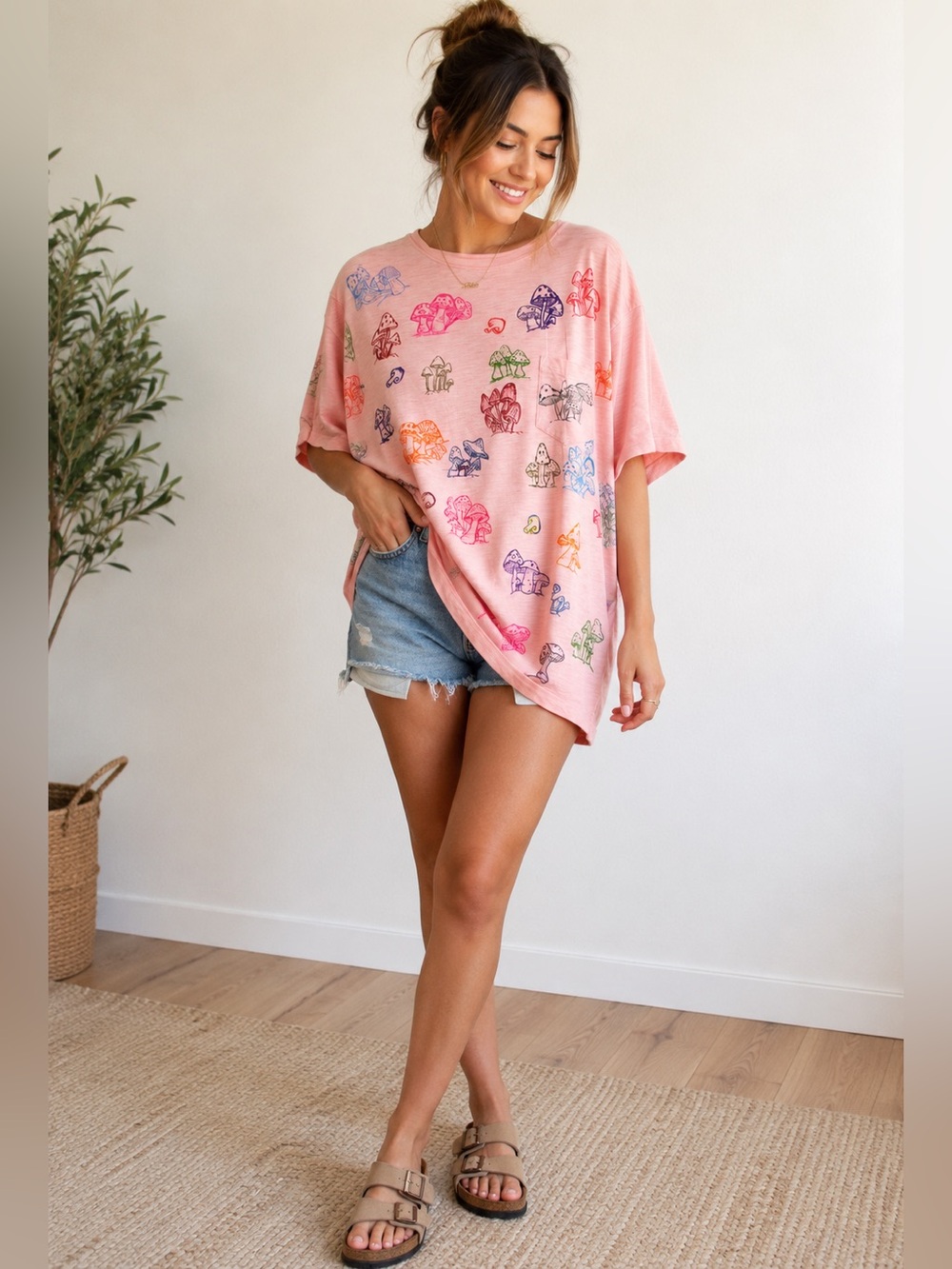 Handprinted Mushroom Show Oversized Crewneck T-shirt
